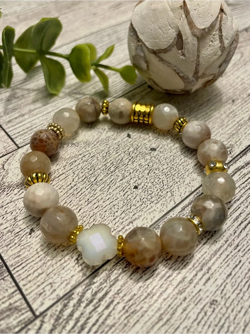 Cream Taupe Faceted Agate Bracelet with Clover and gold accents 10mm stretch